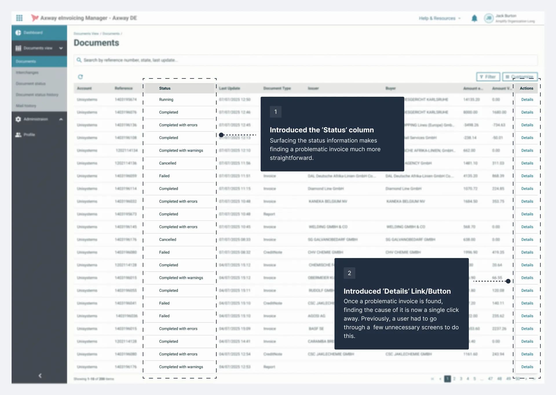 Documents screen design with a new status column added for failed invoices