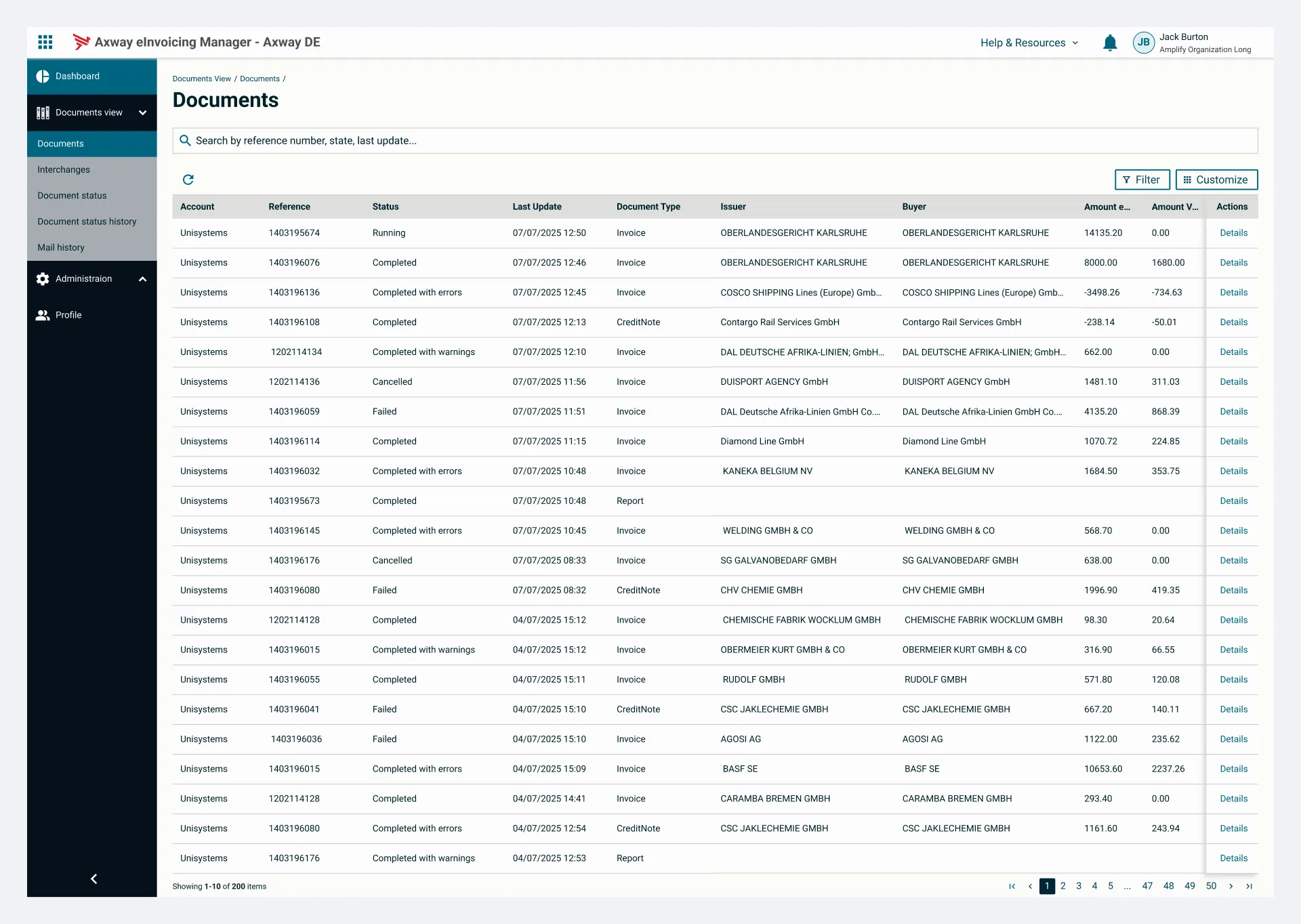 Documents screen design showing a Details link that opens Invoice Detail