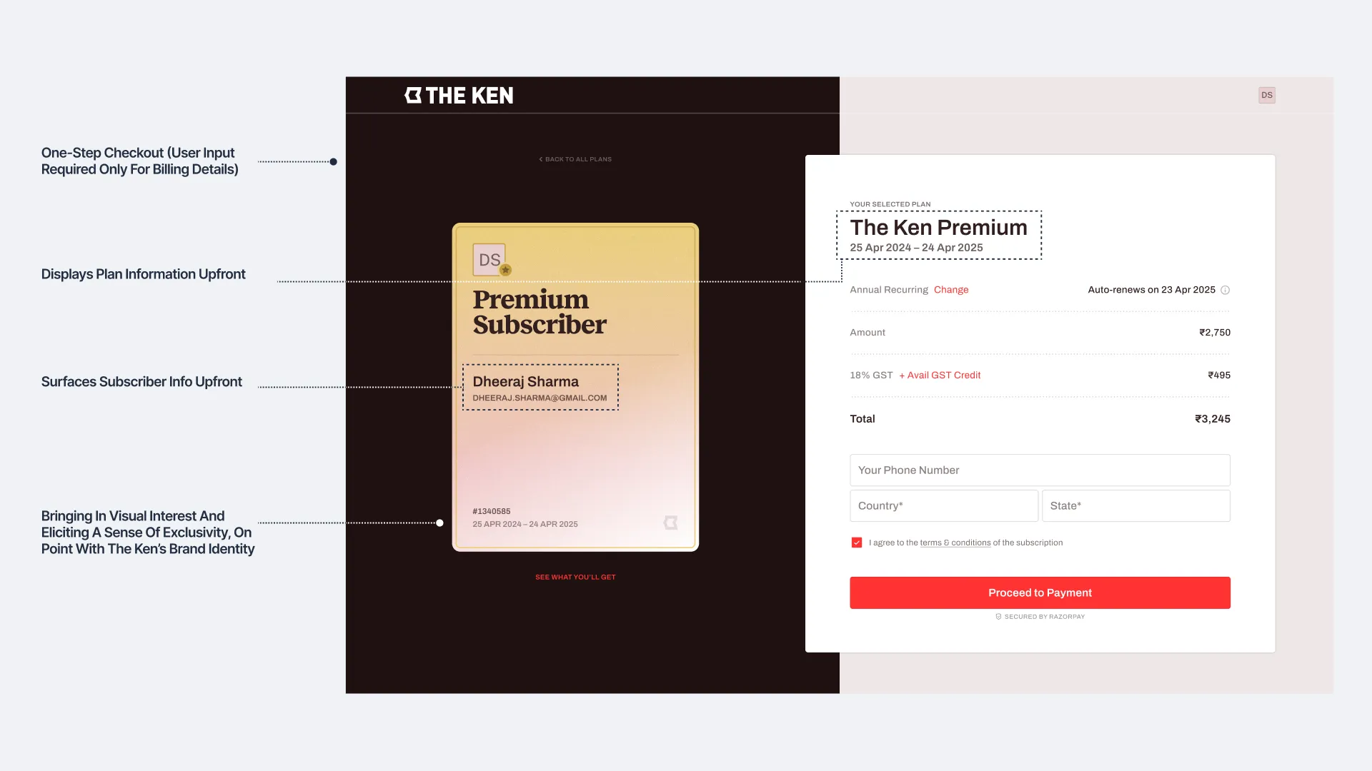 First checkout design concept for The Ken with a one-step subscription flow