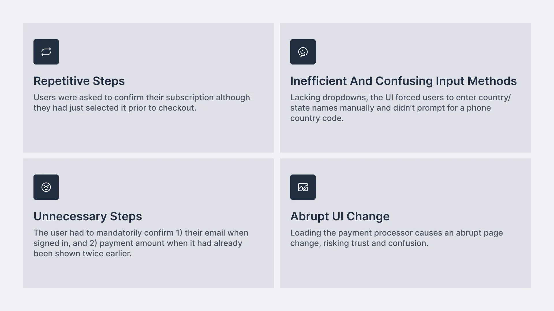 UX audit findings for The Ken checkout flow including repetitive steps, confusing inputs, unnecessary confirmation, and an abrupt payment transition